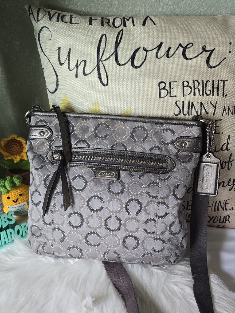Coach Metallic Gray Signature Crossbody Bag with Tone-On-Tone 'C' Pattern GUC